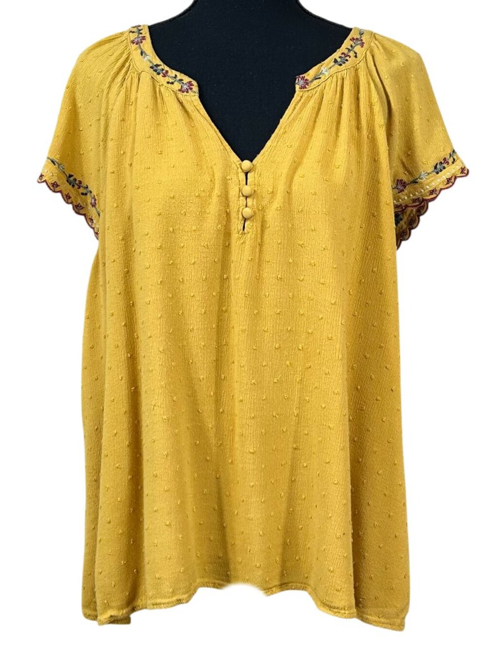 Skies Are Blue Curvy Mustard Yellow Embroidered Boho Top Size 3X